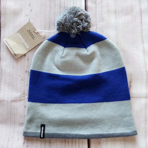 NWT Patagonia "Lightweight Powder Town Beanie" OG Rugby Stripe Blue Grey Pom Hat - Picture 4 of 10